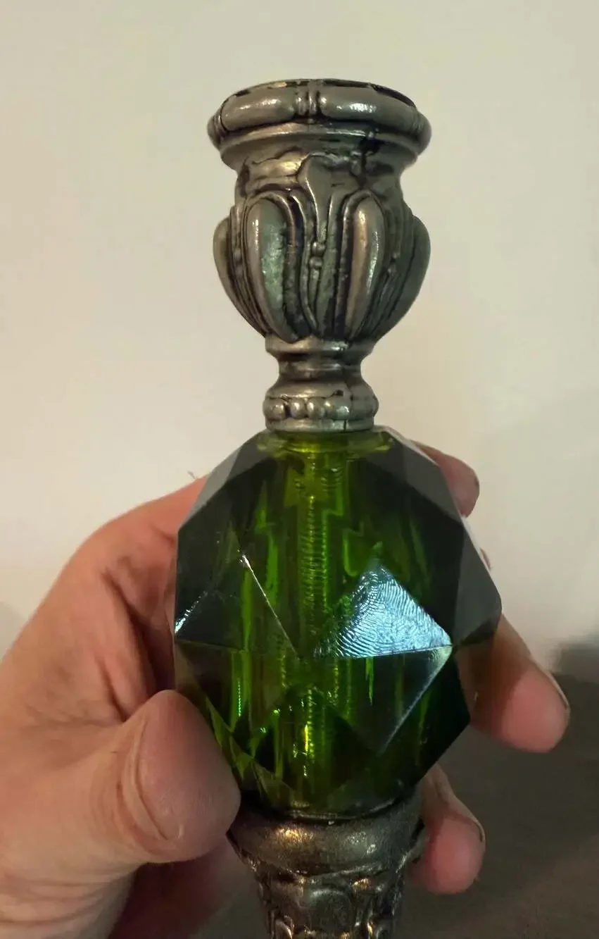 Vintage Hollywood Regency Metal Candlestick Holders with Green Lucite Orbs - Set